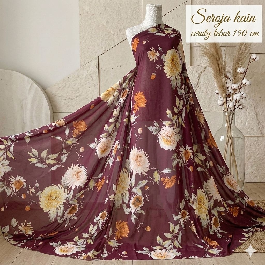 Bahan Kain Sifon Ceruty Print Floral Premium - Bahan Dress Kondangan & Blouse Cantik Aj