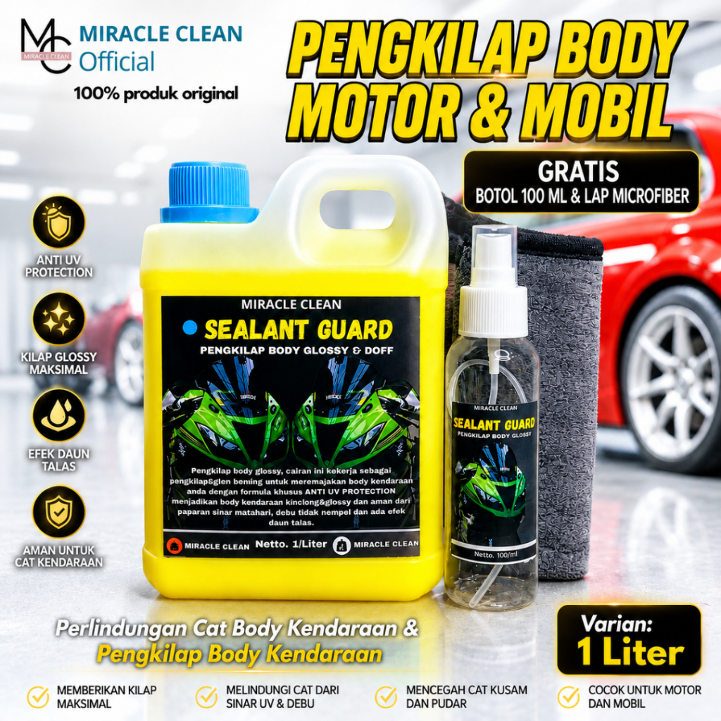 Miracle Clean Pengkilap Body Motor & Mobil Glossy Semi Nano Coating 1 Liter Efek Daun Talas Tahan La