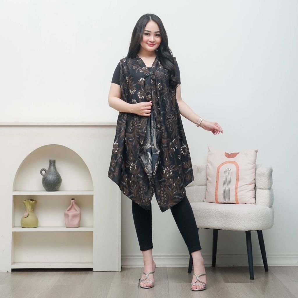 Maulariz.id - DAHLIA VEST Long Outer Tanpa Lengan Batik Poli Rompi Panjang Cardigan Wanita Kondangan