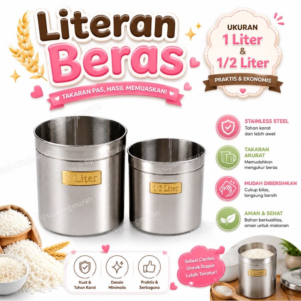 Literan Beras 1 Liter & ½ Liter Takaran Beras Stainless Steel Tebal Kuat dan Anti Karat