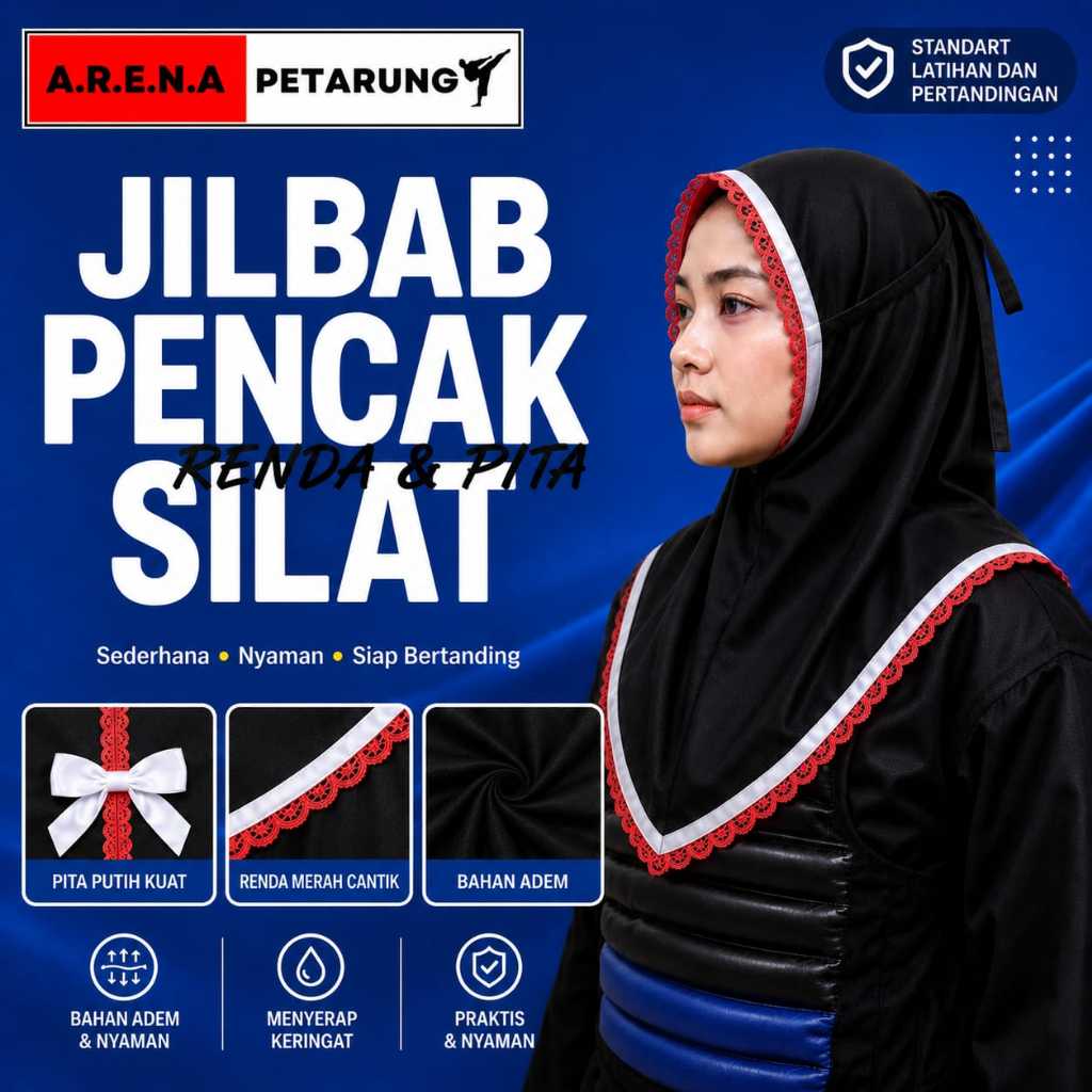 Jilbab Pencak Silat ,Jilbab silat hitam premium , kerudung silat