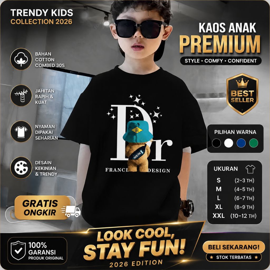 Baju Kaos anak laki-laki keren motif Tulisan Dior tambah ganteng style anakmu enak&nyaman di pakai a