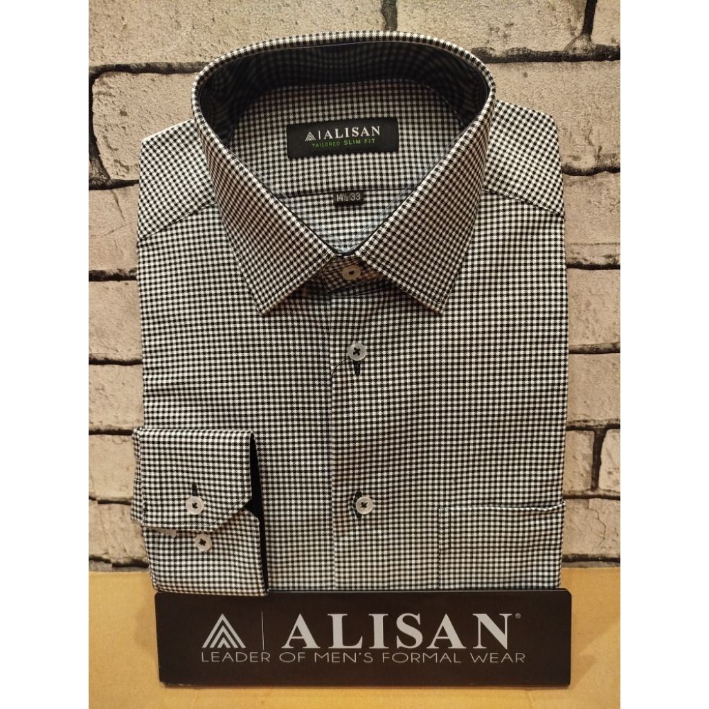 Alisan kemeja motif Kotak halus lengan panjang slimfit