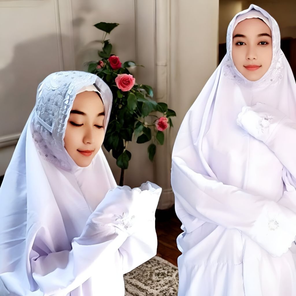 Mukena Terusan Santri Bordir Putih | Katun Mikro Premium Hitam | Mewah & Nyaman untuk Ibadah