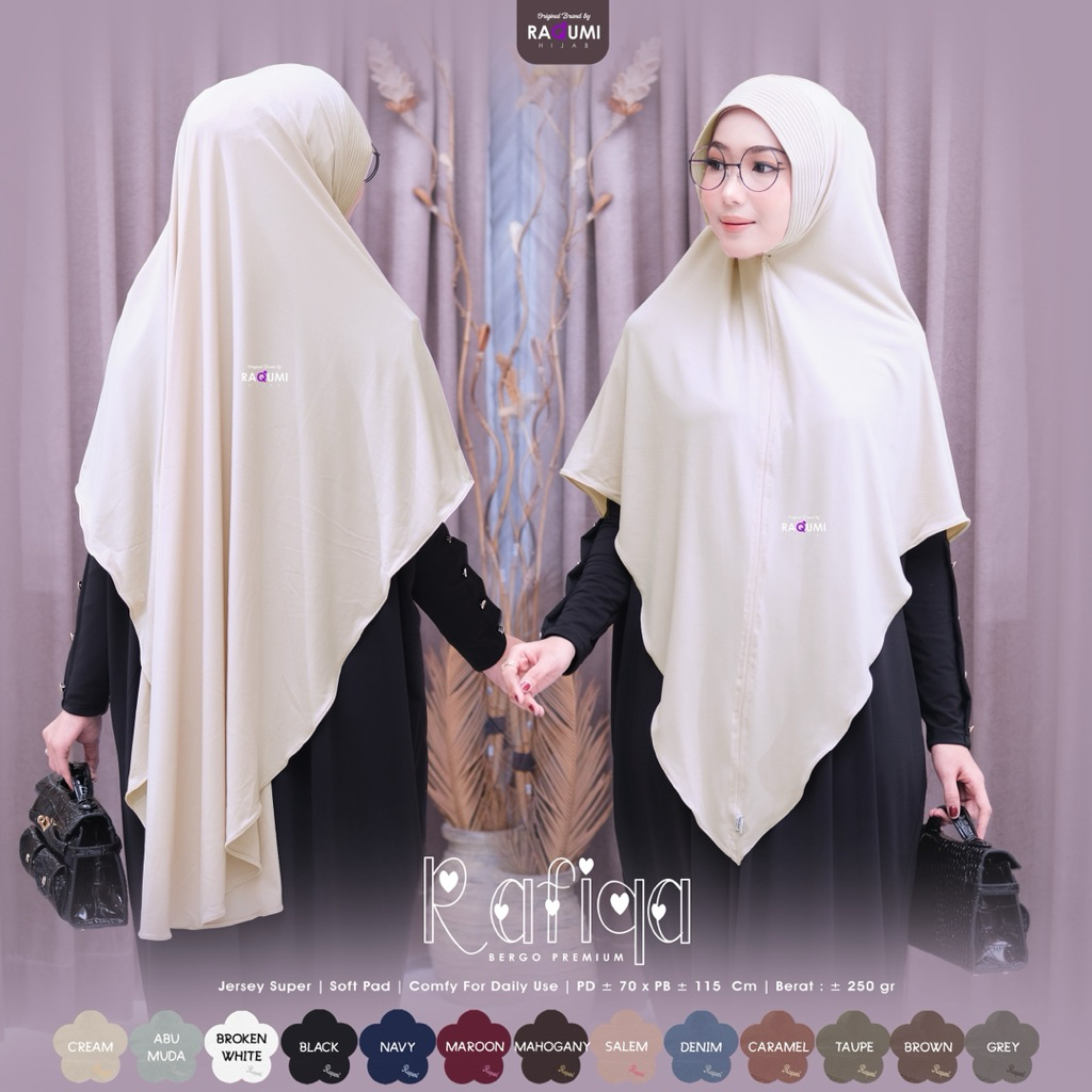 RAFIQA HIJAB BERGO ORIGINAL BY RAQUMI / JILBAB JERSEY JUMBO / HIJAB INSTAN POLOS