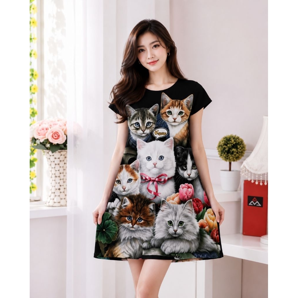 Dress Dewasa Motif Kucing terbaru/daster kucing dewasa