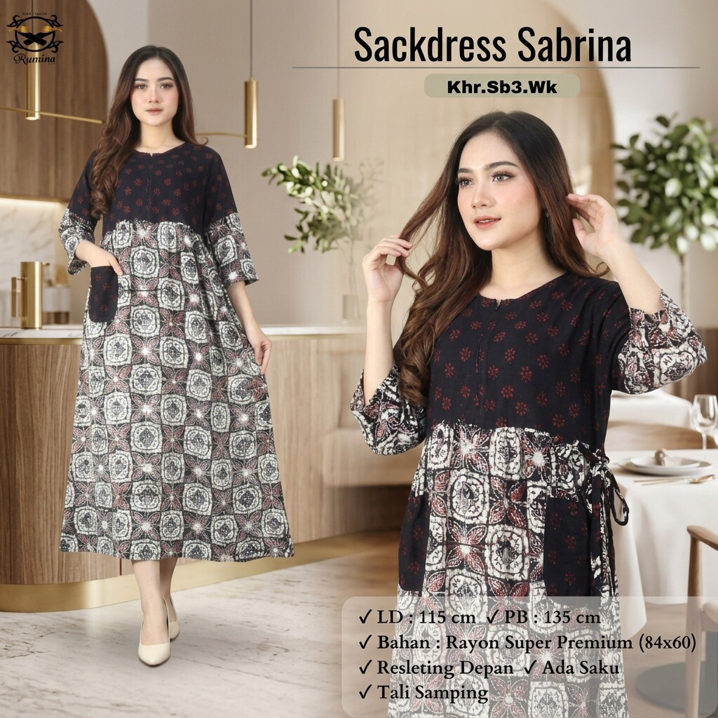 RUMINA (LD 115 PB 135) Sackdress SABRINA Model Klok Lebar Warna Soft Super Cantik Bahan Adem Rayon S