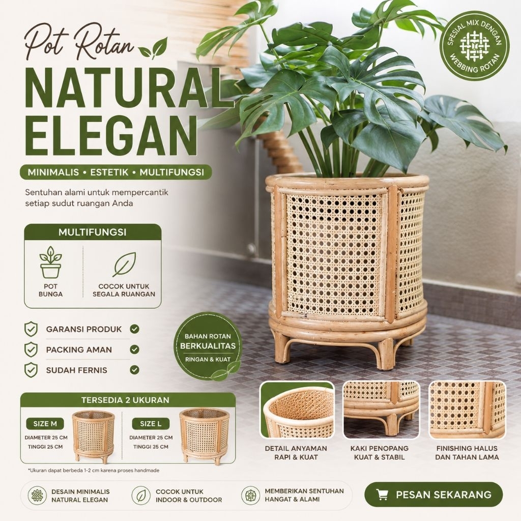 Pot bunga standing rotan estetik/cover pot bunga rotan