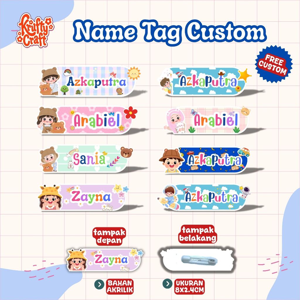 Name Tag Custom | Pin nama custom | Pin nama anak | Name tag sekolah | Nama Dada