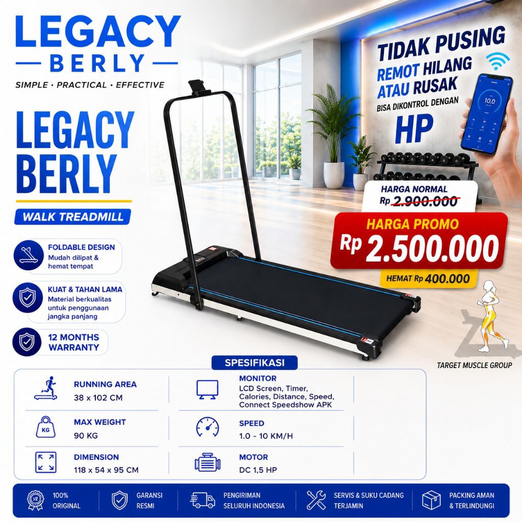Treadmill running walking pad legacy berly low watt lari alat fitnes
