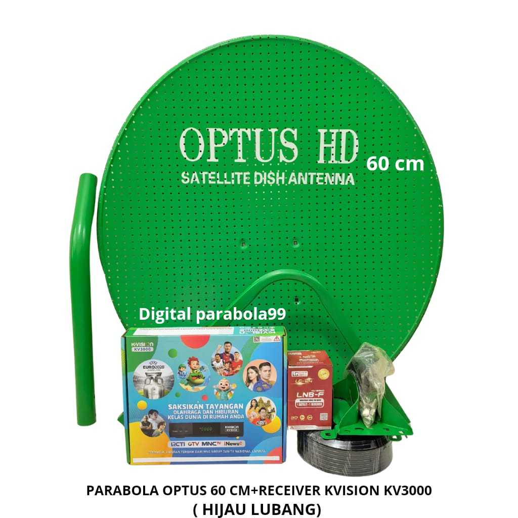 Parabola Mini 60cm Bolong Optus Hijau Lengkap+Receiver Kvision Kv3000