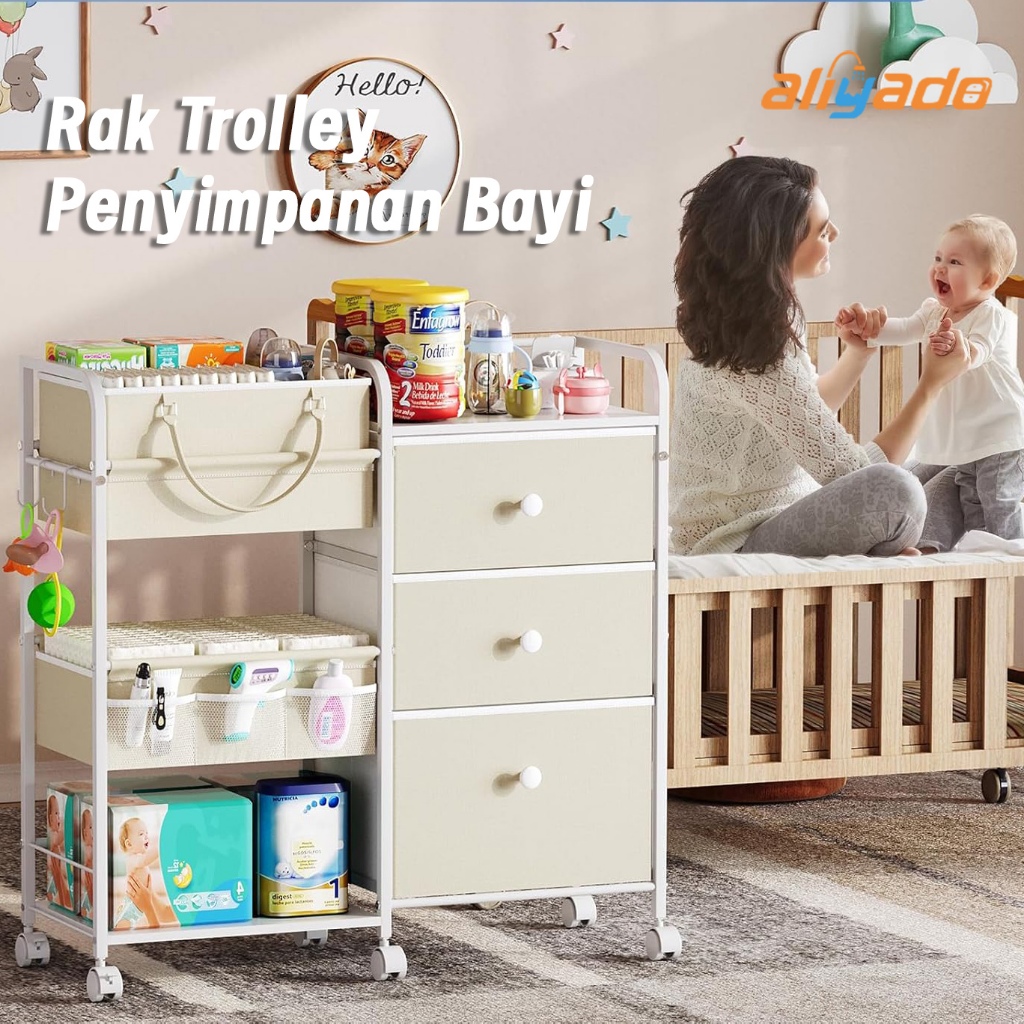 Rak Troli Organizer Laci Dengan Roda, Rak Penyimpanan Bayi Aesthetic Untuk Kamar Bayi, Lemari Cabine