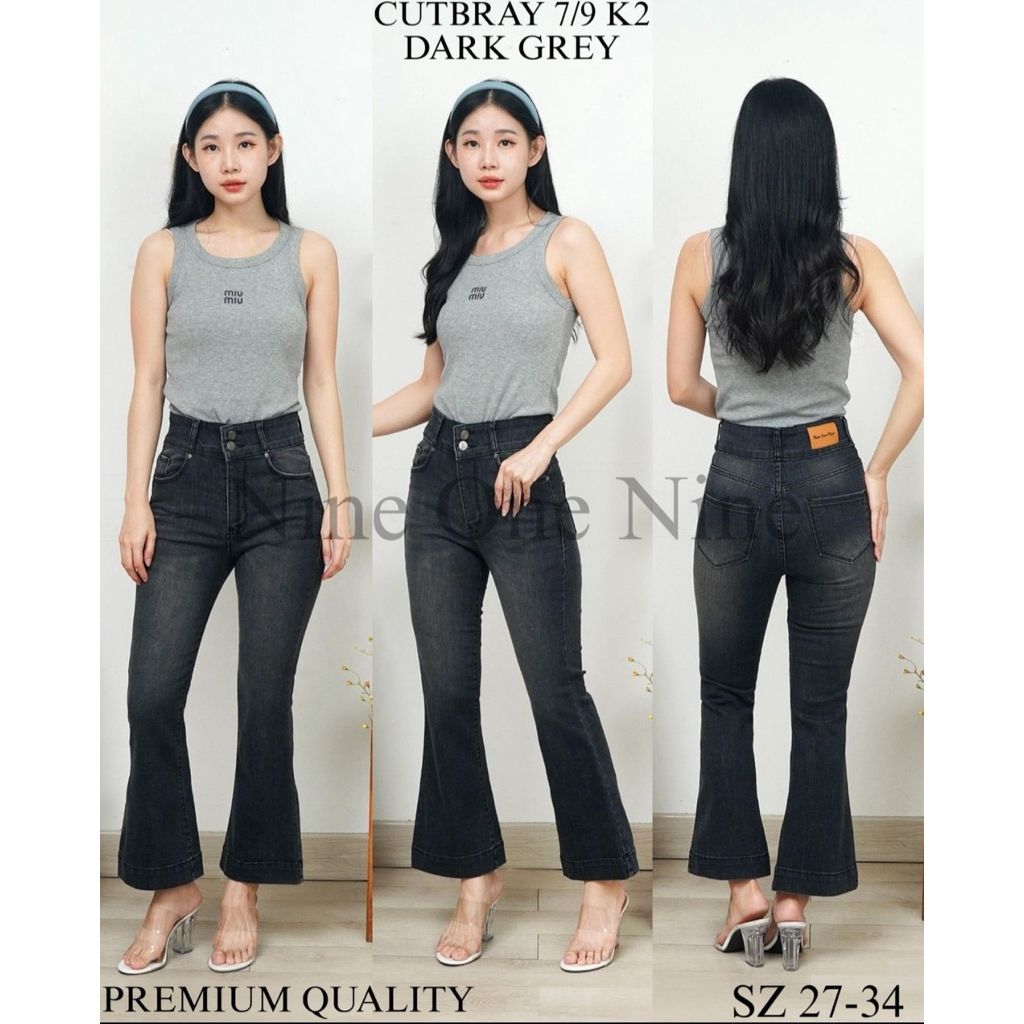 Celana Cutbray Jeans Wanita 7/9 Kancing 2 Dark Grey Softjeans Stretch Nine One Nine Jeans