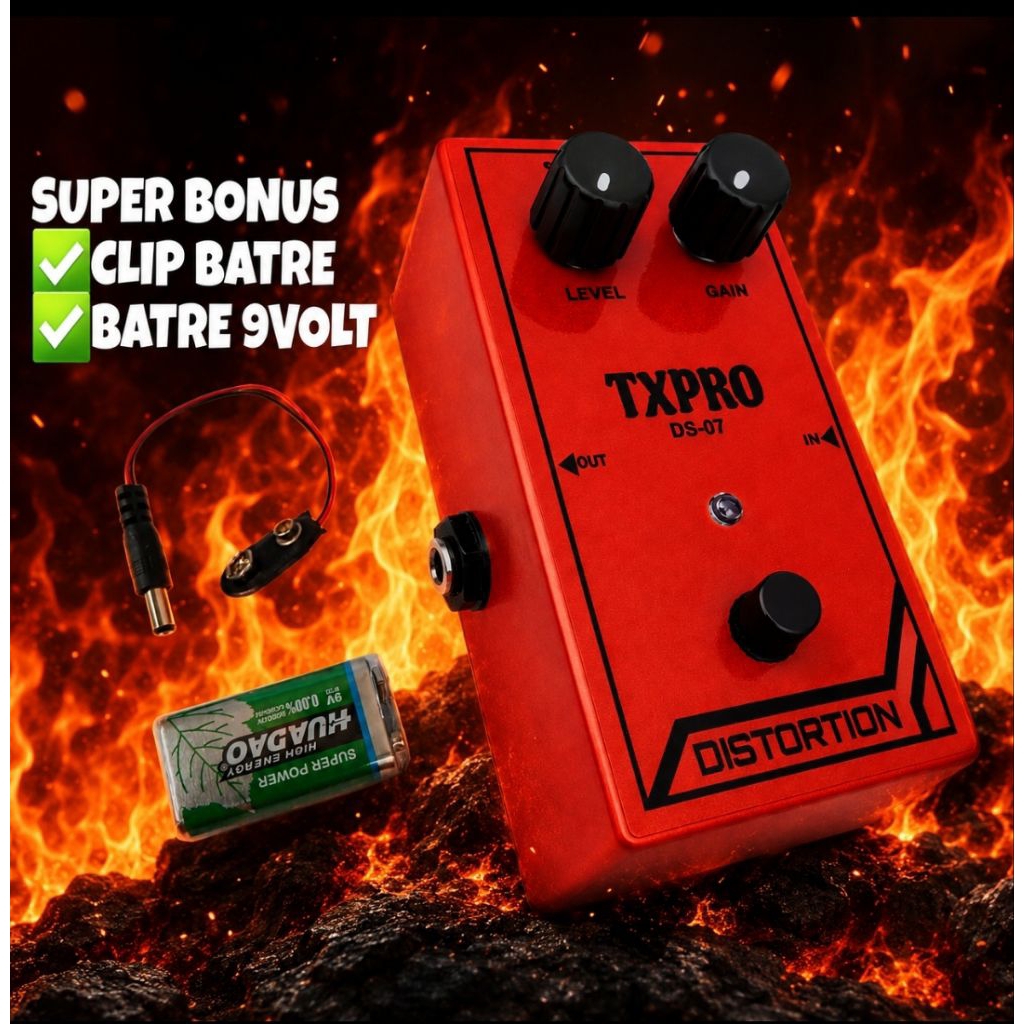 EFEK GITAR DISTORSI TXPRO merah suara super gaharrr metal bonus batre dan clip batre
