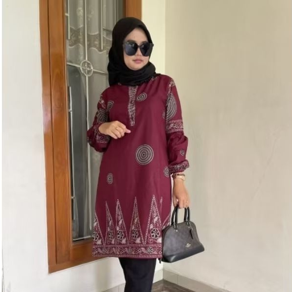 Baju Batik Wanita Tunik Mahesa Burgundi Kain Katun Lapisan Tricot
