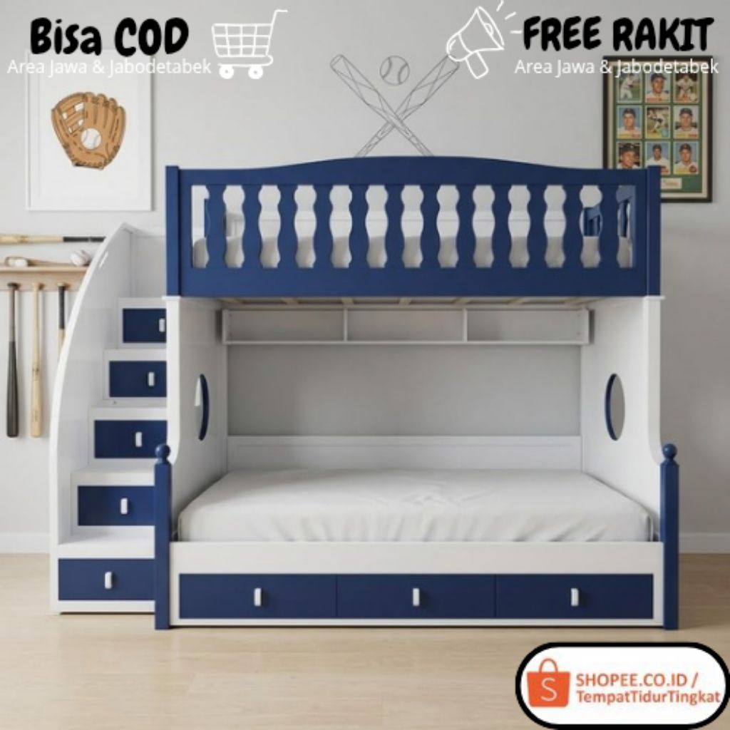 Kasur Tingkat Minimalis Modern Kokoh Kayu Solid Custom Anak Laki-laki
