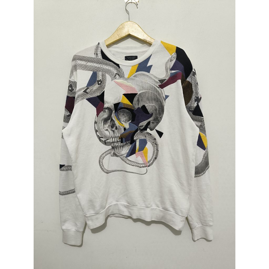 Sweater Crewneck Zara Man Art Snake Skull White size L