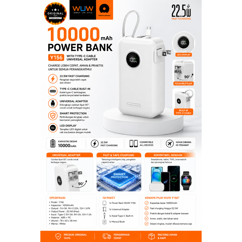 PB WUW 10.000 Y156 22.5 W || POWER BANK WUW 10000 FAST CHARGER