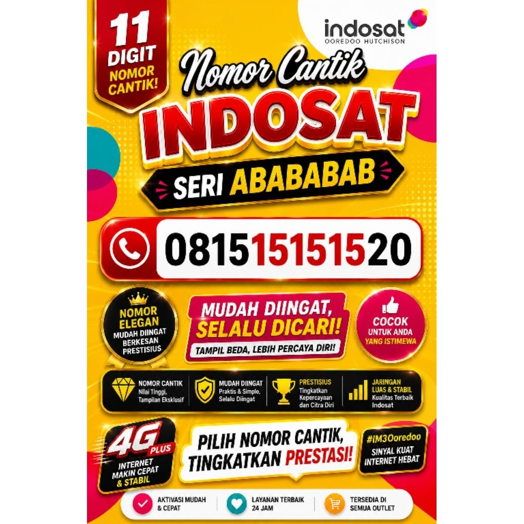 Nomor cantik Indosat ABABABAB IM3 15151515 4G 5G PRABAYAR