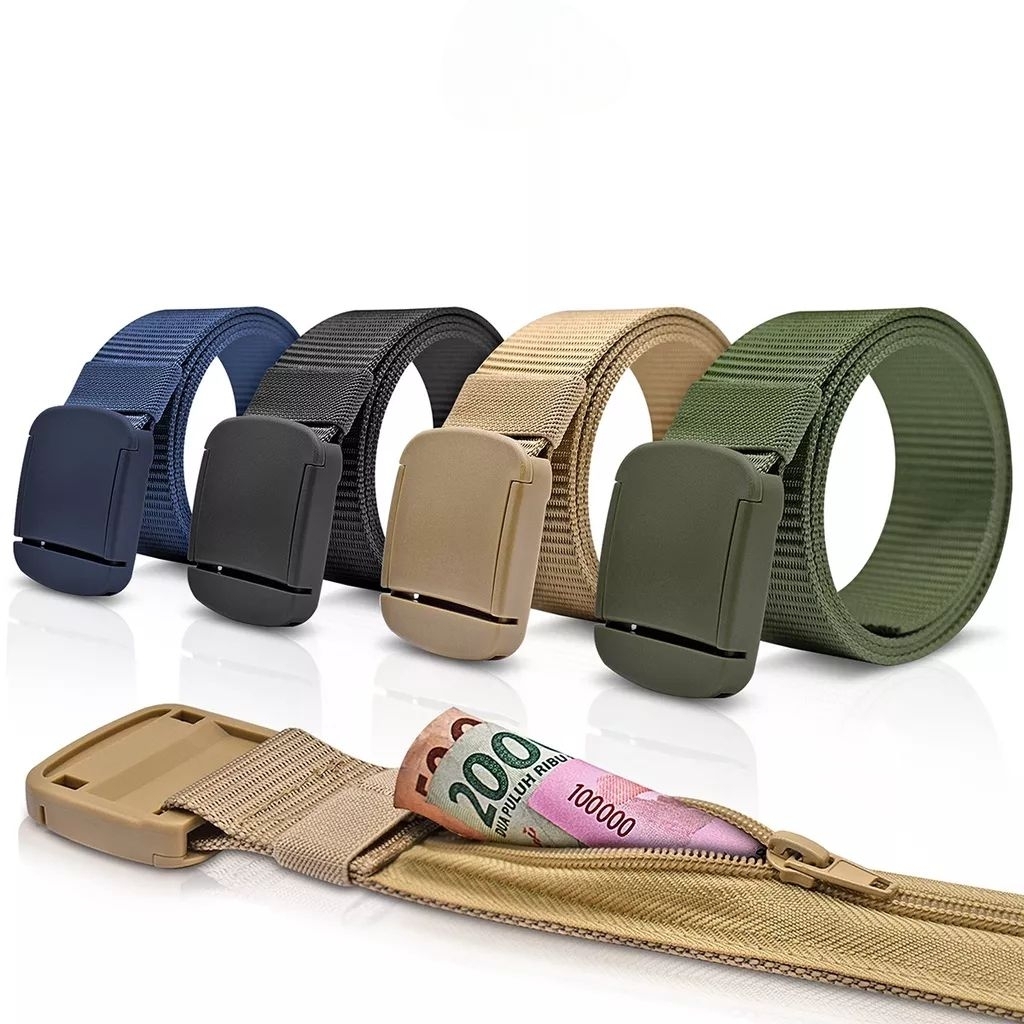 Ikat Pinggang Pria Resleting Kanvas Nylon Gesper Jepit