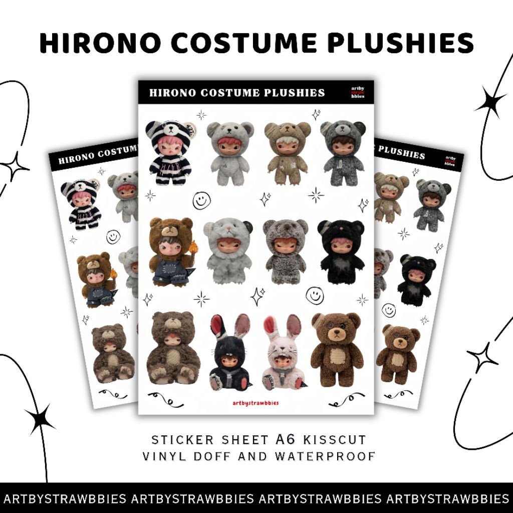Hirono Stiker Sheet | Hirono Costume Plushies | Sticker Sheet Vinyl A6 Kisscut Waterproof Aesthetic 