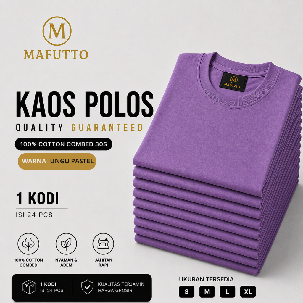 MAFUTTO Kaos Polos Unisex Cotton Minimalist Lengan Pendek - Ungu pastel 1 kodi 24pcs