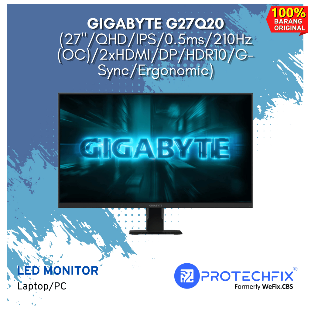 GIGABYTE G27Q20 (27"/QHD/IPS/0.5ms/210Hz (OC)/2xHDMI/DP/HDR10/G-Sync/Ergonomic)