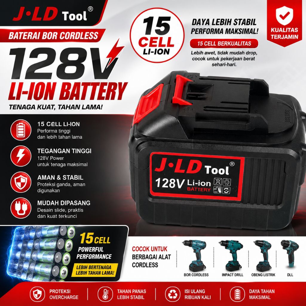 Baterai Batre Batrai Impact Bor Cordless JLD Tool 128V Li-ion 15 Cell Rechargeable
