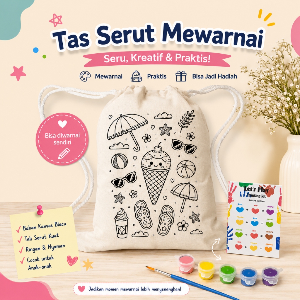 Hampers Melukis Tas serut/tas ransel motif kain  kanvas blacu callico