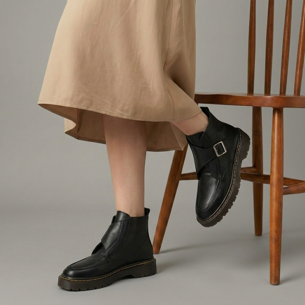 HYG - VERIN Sepatu Boots Docmart Wanita Hitam Hak Tinggi