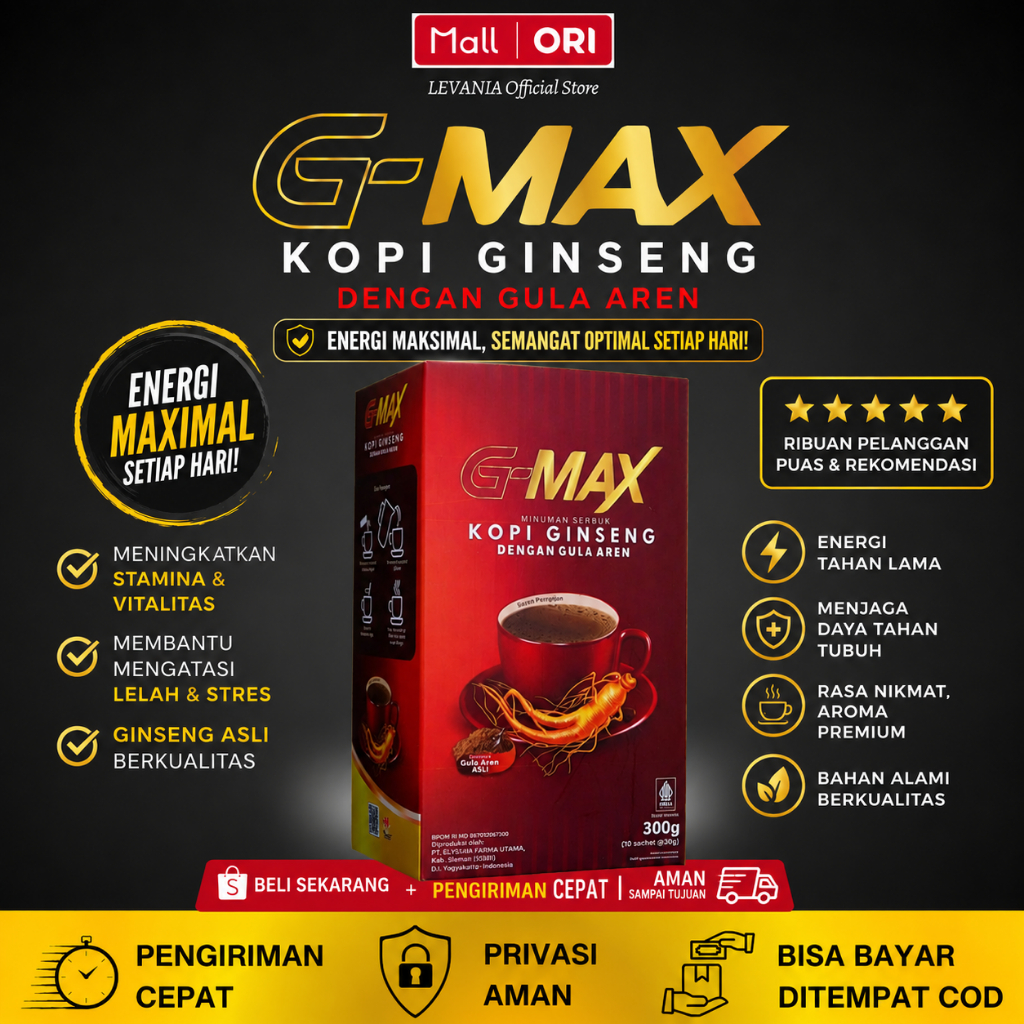 G-MAX Kopi Ginseng Herbal Penambah Stamina Pria Dewasa 1 Box 10 Sachet BPOM Original