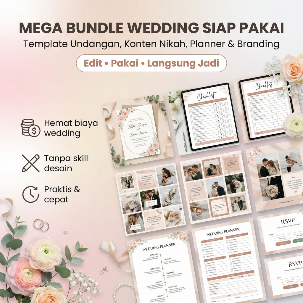 MEGA BUNDLE Canva Wedding Siap Pakai | Template Undangan, Konten Nikah, Planner & Branding