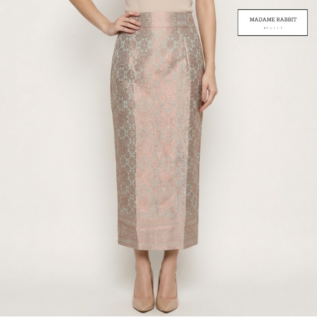Rok Pesta Panjang Madame Rabbit Rabbit Songket Sage Gold Jahit Butik Furing Motif Wanita Kain