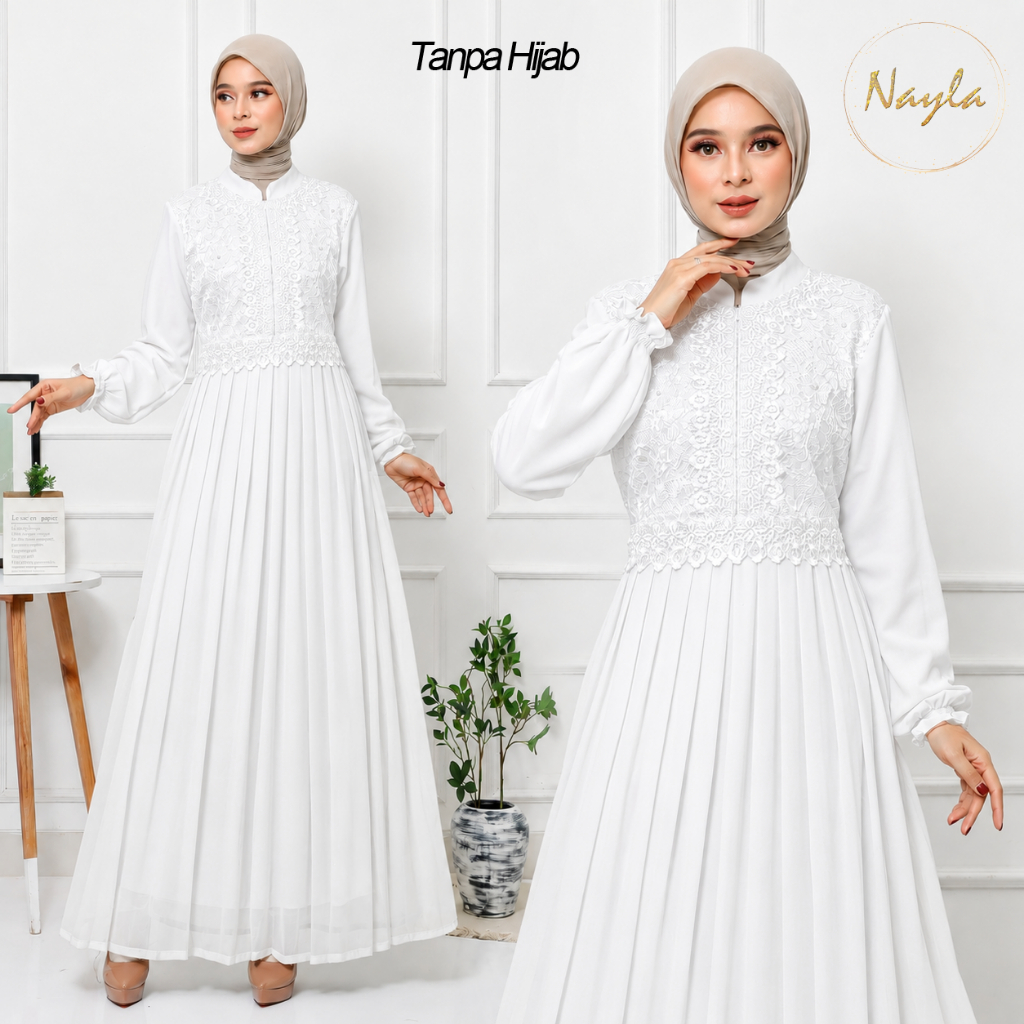 NAYLA - Shanaya Dress Gamis Putih Lebaran 2026 Terbaru Baju Muslim Wanita Elegan Simple Plisket Prem