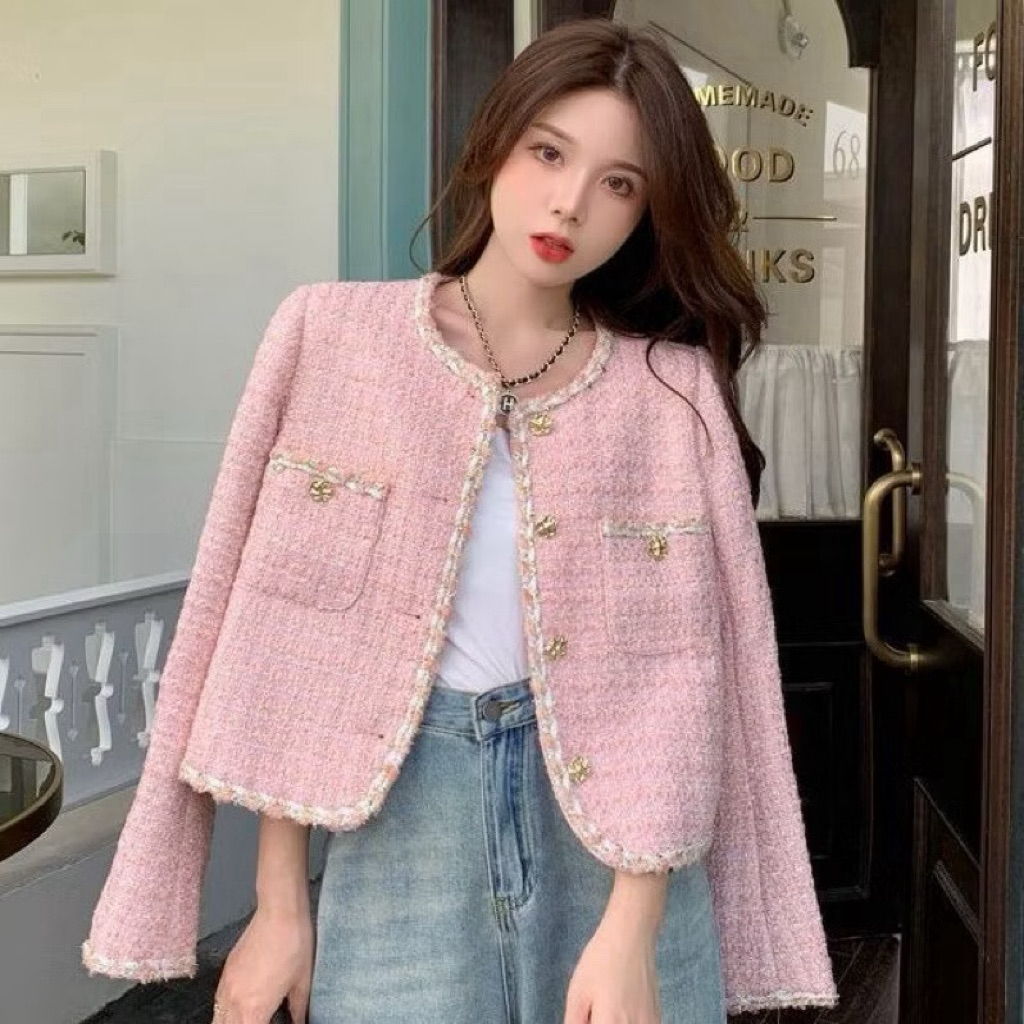 Blazer KODE 300-400 Wanita Pink Tweed Desain Crop Nyaman Dipakai