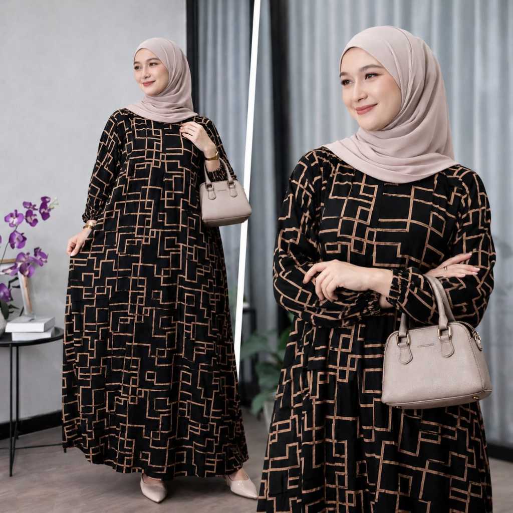Gamis Kaftan Wanita Premium Motif Noura Jumbo Adem Elegan Kekinian Busui Friendly