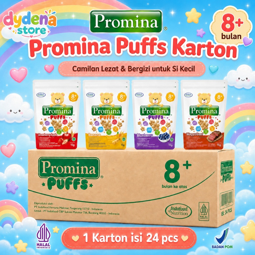 Promina Puffs 1 Karton Dus isi 24 PCS 8+ bulan Banana Wagyu Blueberry Strawberry Apple Grosir