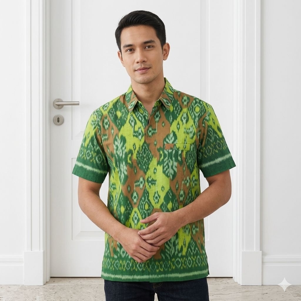 Kemeja Lengan Pendek Bahan Endek Bali Full Tenun Manual