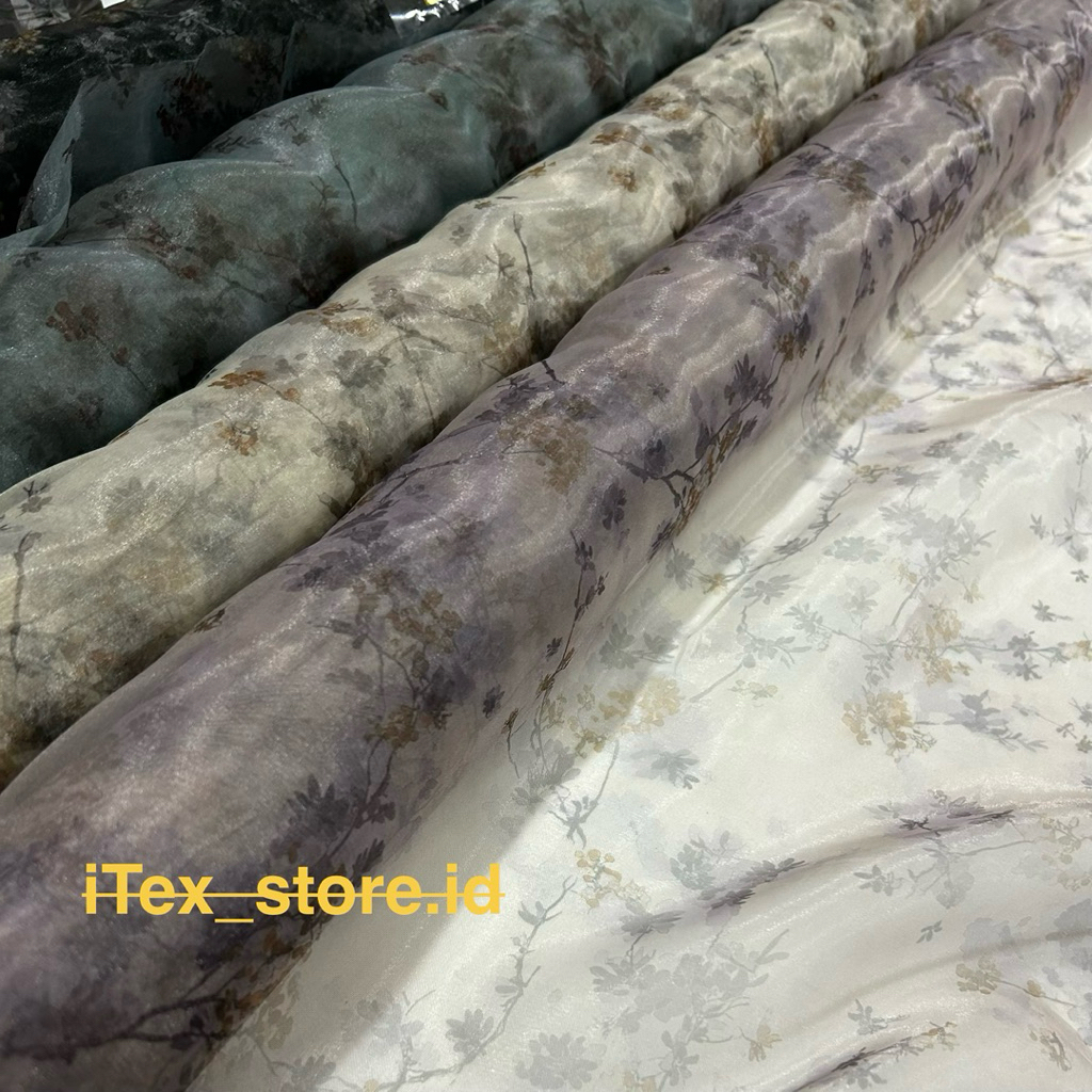 Kain Organza print motif.Organza silk motif bunga murah
