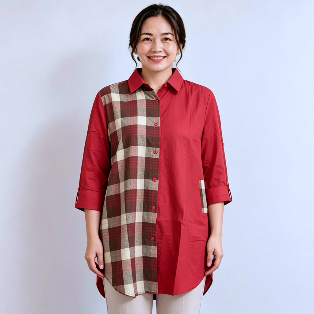 Tunik Wanita Kemeja kotak / Tunik Kotak kotak Lengan Panjang