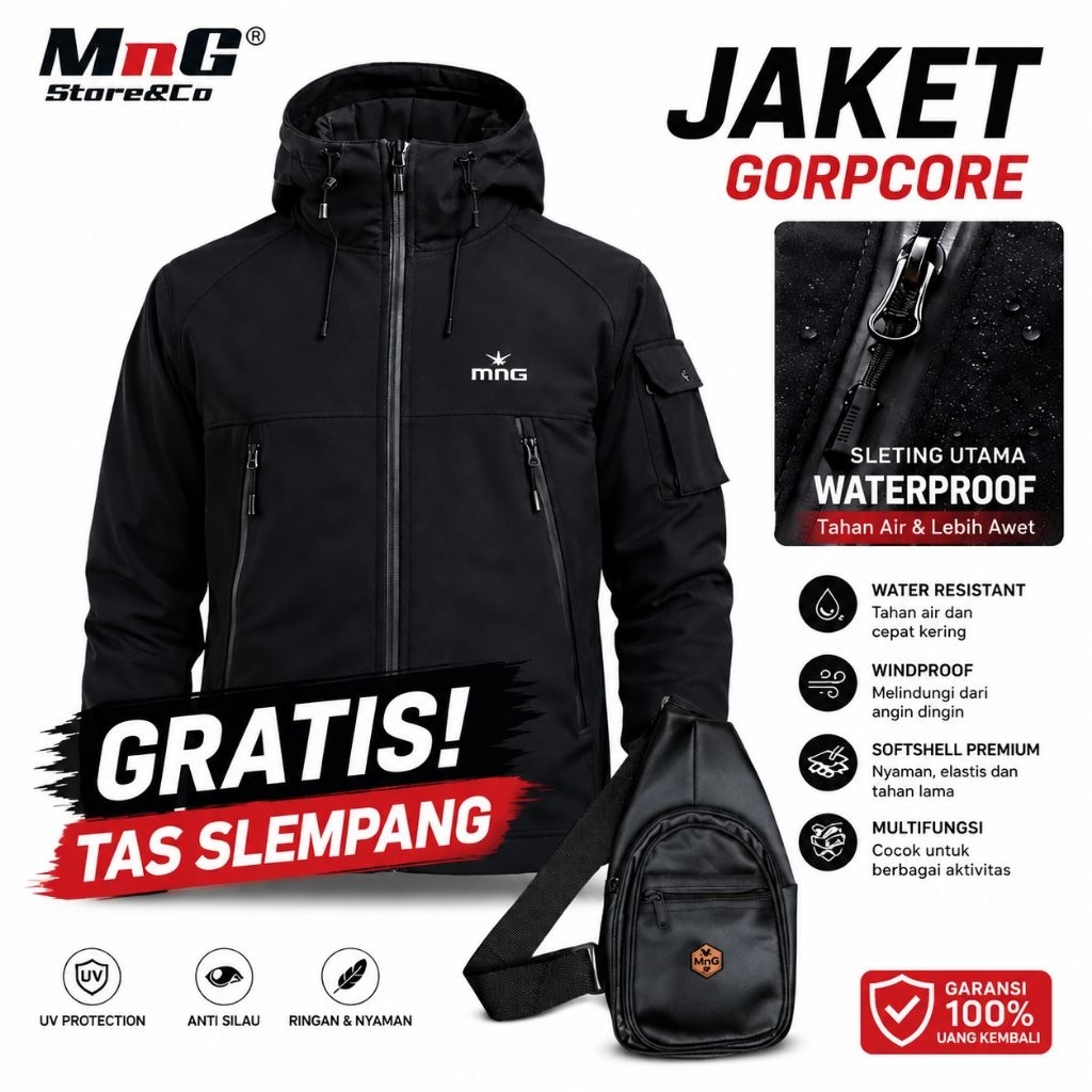 MnG Jaket Gorpcore Pria Wanita Jaket Gunung Waterproof Windproof Hitam