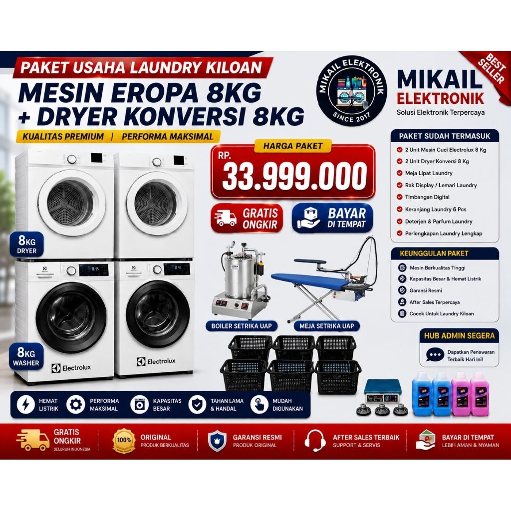 PAKET MESIN LAUNDRY KILOAN PEMULA 2 SET MESIN CUCI FRONT LOADING ELECTROLUX DRYER EROPA