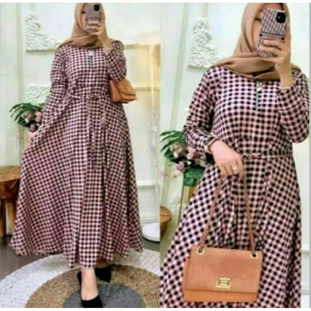 Gamis motif kotak elegant modern kekinian wanita dewasa Jumbo terbaru