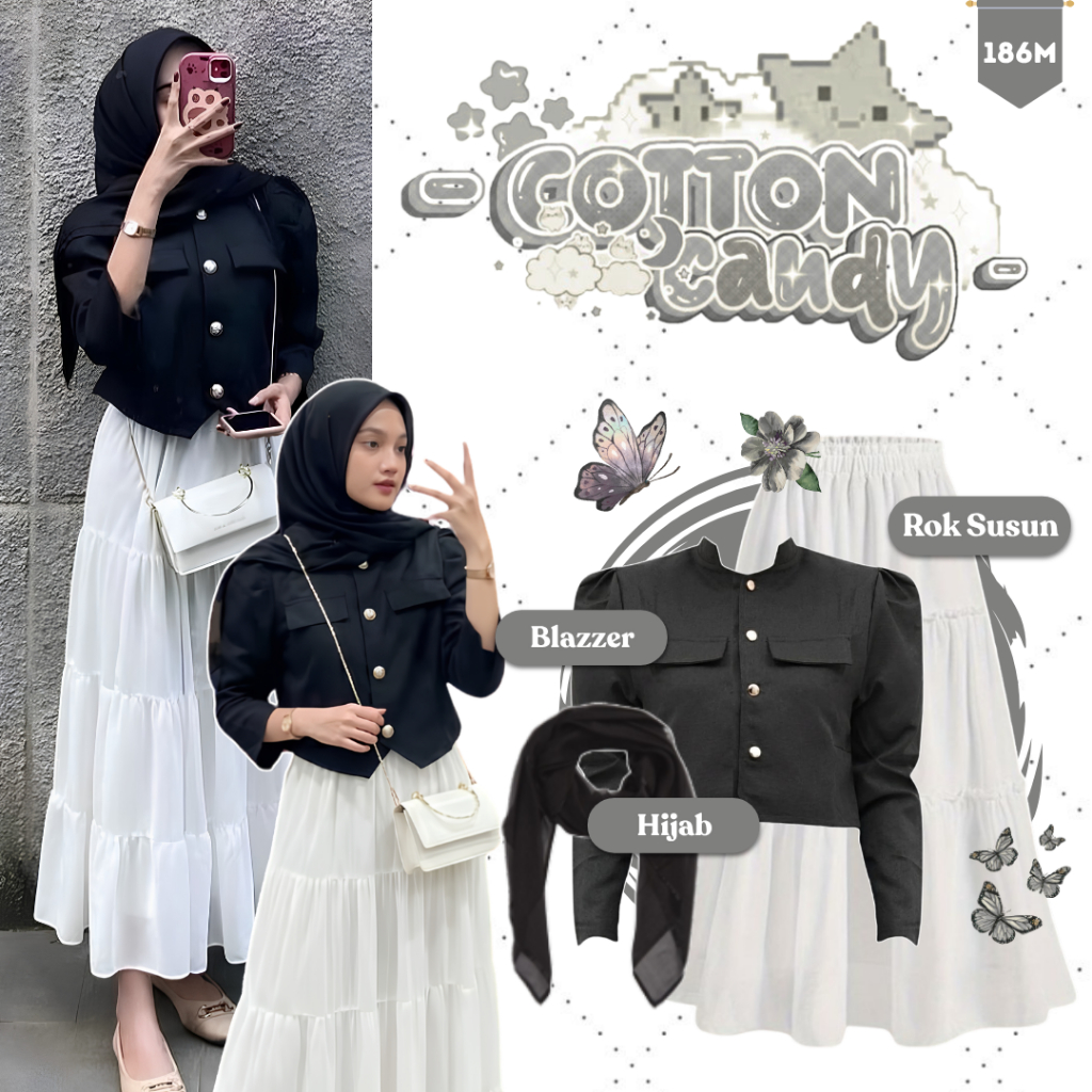 3IN1 Set Kekinian Wanita Selebgram Korean Hijab Style - ( Rok Susun + Blazzer Sonia + HIjab ) OOTD K