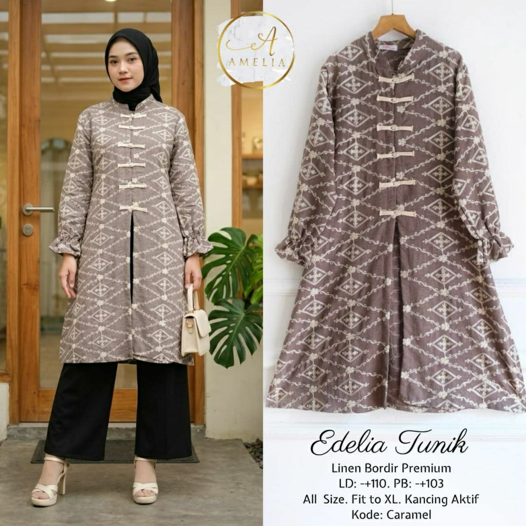 Edelia tunik linen muslimah remaja motif bordir model kancing sanghaii cantik