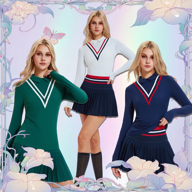 Set pakaian olahraga lengan panjang/set tenis wanita - kemeja polo lengan panjang/rok