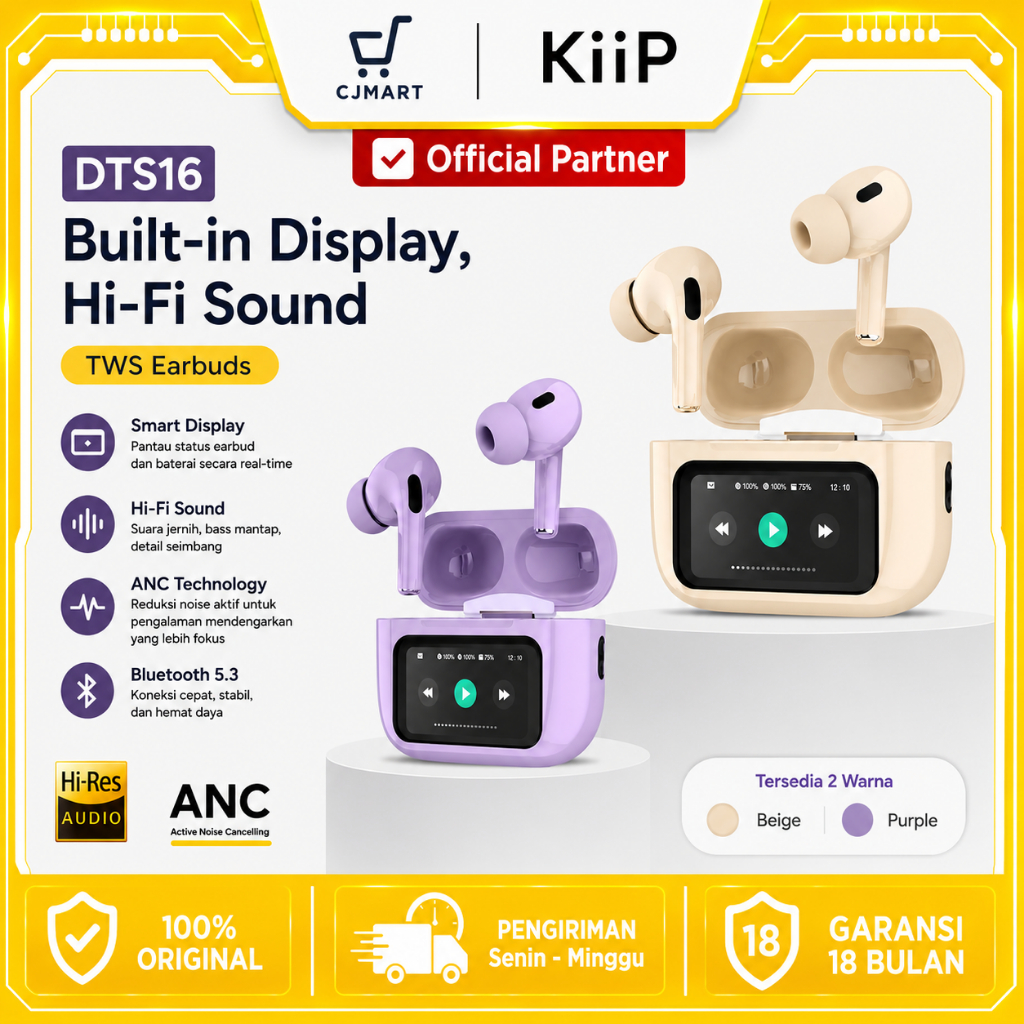 KiiP DTS16 TWS ANC Headset Bluetooth 5.4 Earphone Smart Screen Active Noise Reduction