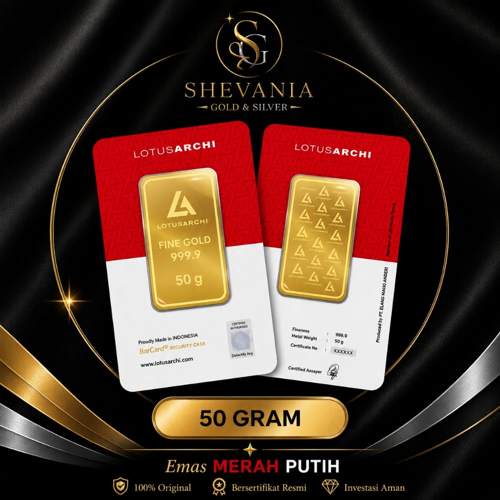 Shevania Gold Lotus Archi Merah Putih CertiEye Logam Mulia Emas 50 Gram dan 100 Gram