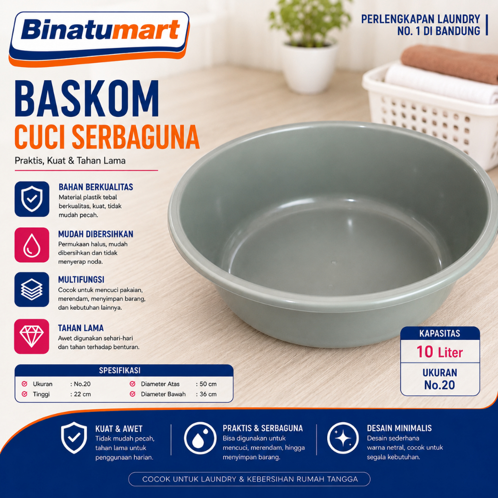 Baskom Cuci Serbaguna Plastik Tebal Jumbo No 20  | Baskom Abu Abu Besar Original Diameter 50cm
