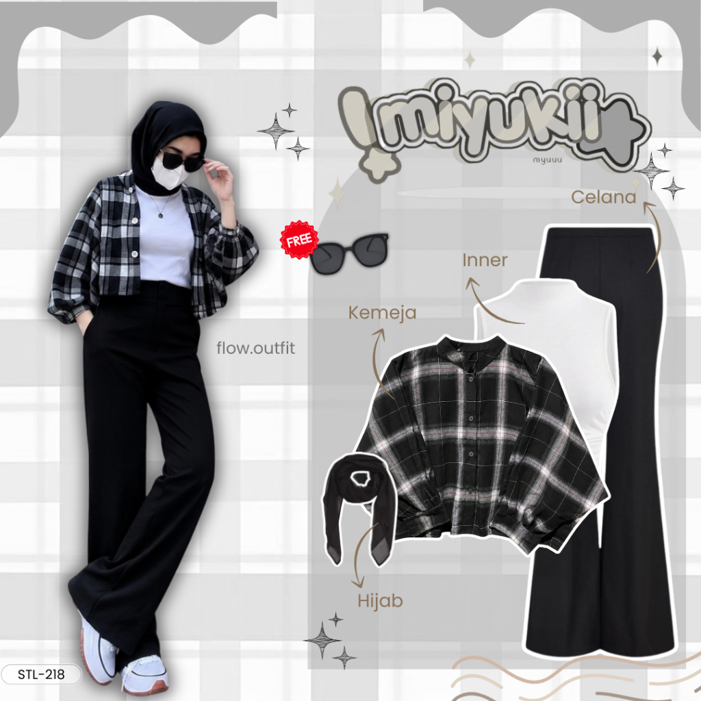 Oneset Outfit OOTD Flanel Remaja Kemeja crop | Celana cutbray | Inner | Hijab segiempat | free kacam